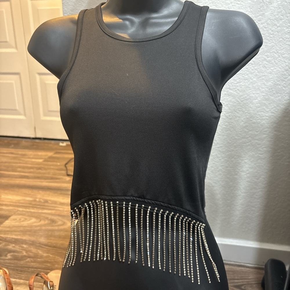 Black Sleeveless Top with Rhinestone Fringe
